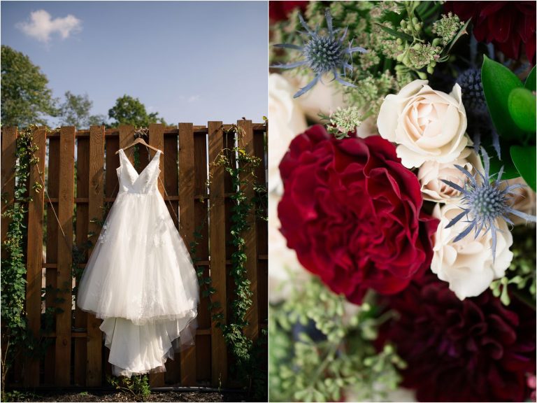 bridal gown hanging and burgundy flower bouquet