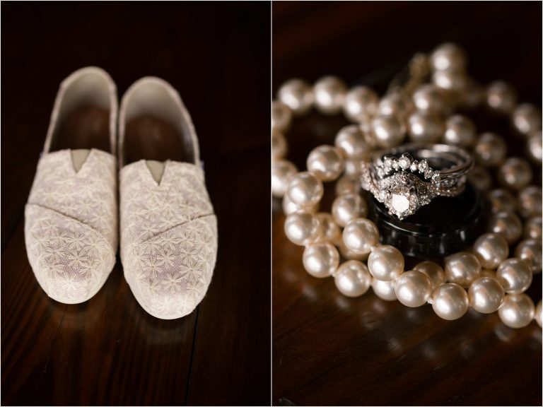 white toms bride shoes and real pearls with wedding ring set