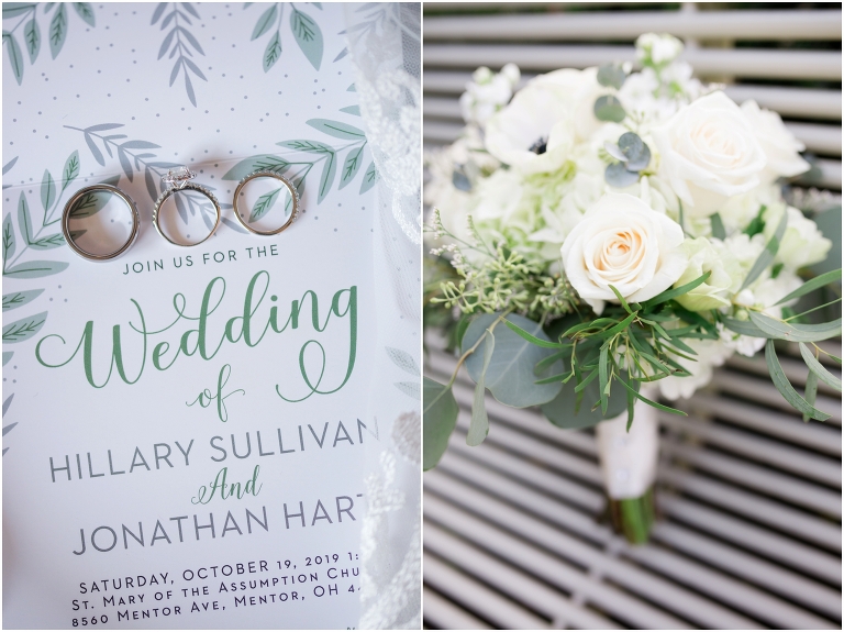 wedding invitation and bridal bouquet