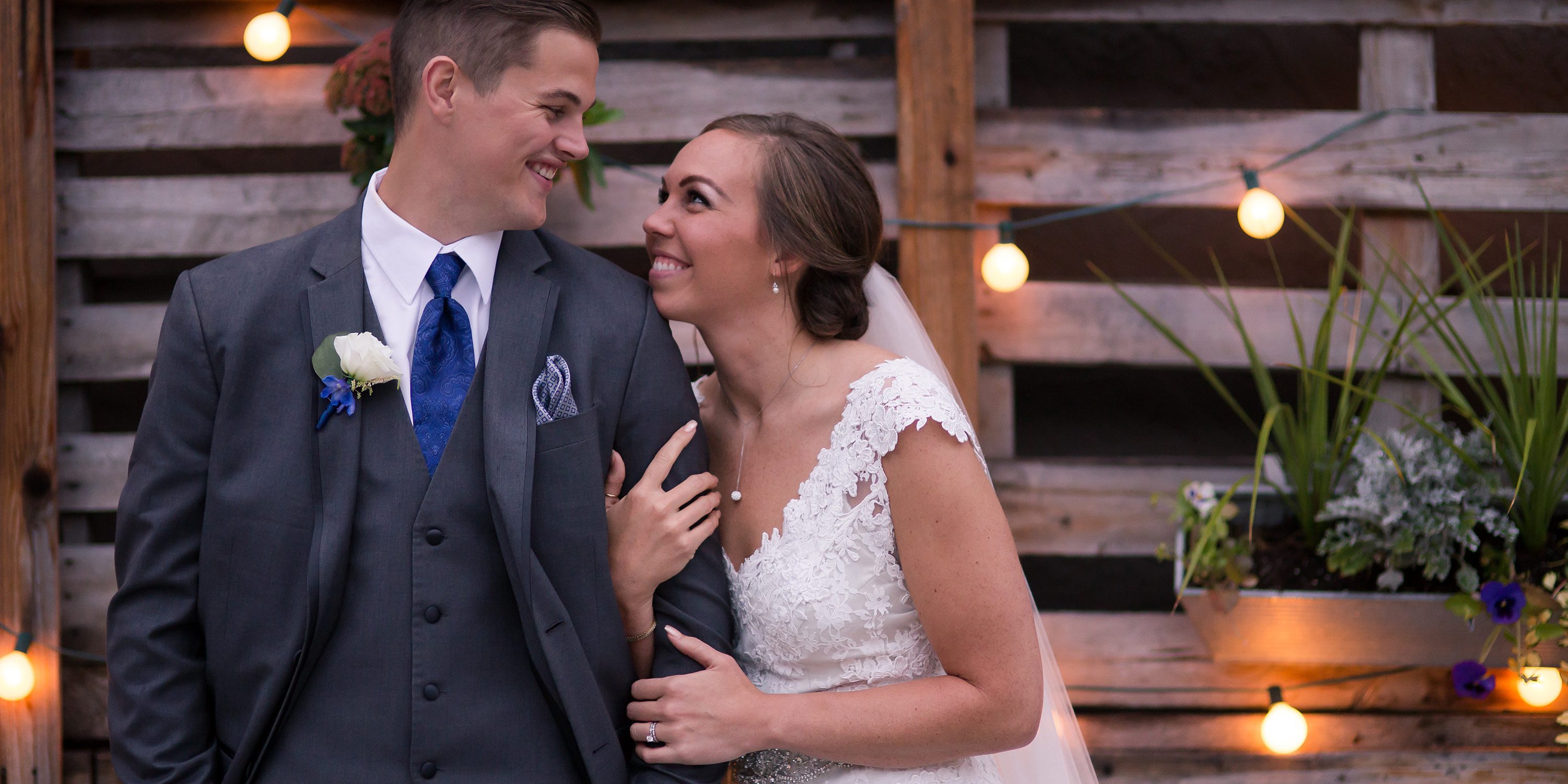 bride and groom smiling at each other at the vue columbus